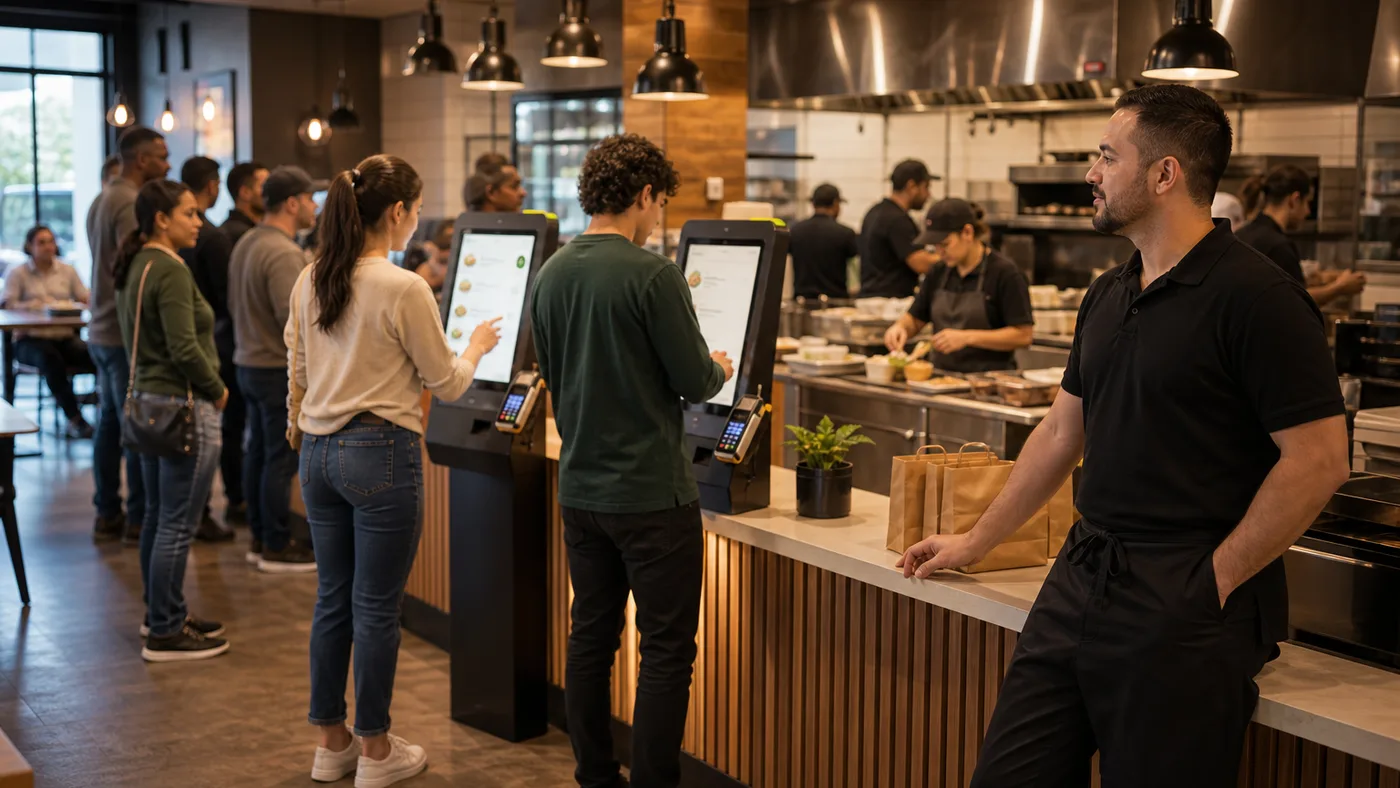 Quick service restaurant with guests ordering at Selio kiosks